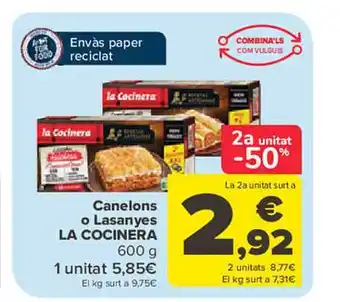 Carrefour 2a unitat -50% canelons o lasanayes la cocinera oferta