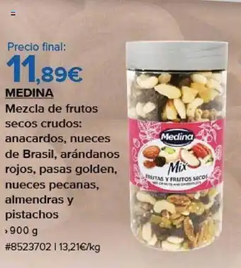Costco Medina mezcla de frutos secos crudos: anacardos nueces de brasil arándanos rojos pasas golden nueces pecanas almendras y pist oferta