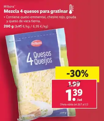 Lidl Mezcla 4 Quesos para Gratinar 200 g. oferta