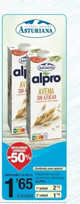 SPAR Segunda unidad -50% bebida sin azucar de avena o almendra alpro oferta