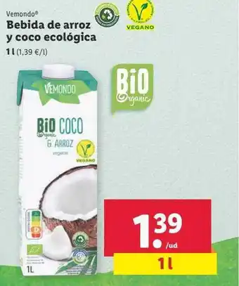 Lidl Vemondo bebida de arroz y coco ecológica oferta