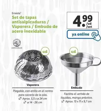 Lidl Ernesto set de tapas antisalpicaduras - vaporera - embudo de acero inoxidable oferta