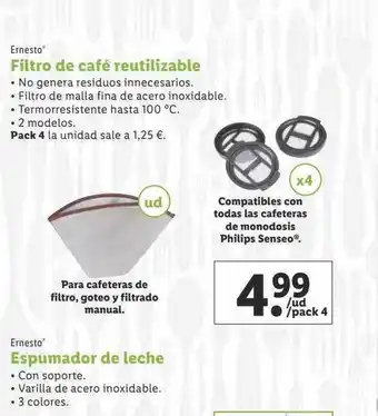Lidl Ernesto filtro de café reutilizable, ernesto espumador de leche oferta