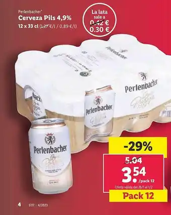 Lidl Perlenbacher cerveza pils 4,9% 12 x 33 cl oferta