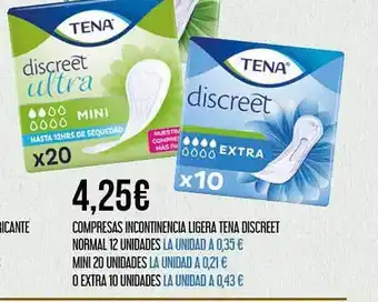 Claudio Compresas incontinencia ligera tena discreet normal 12 unidades, mini 20 unidades, o extra 10 unidades oferta