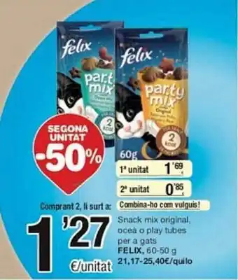 SPAR Fragadis Segona unitat -50% snack mix original oceà o play tubes per a gats felix oferta