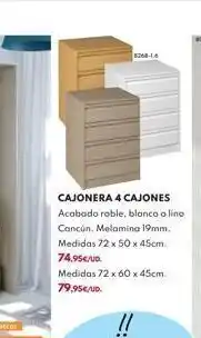 BricoCentro 8348-16 cajonera 4 cajones acabado rable, blanco o lino cancún. melamina 19mm. medidas 72 x 50 x 45cm. 74,95€/ud. medidas 7 oferta