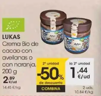 Eroski Lukas De Descuento Combina Crema Bio De Cacao Con Avellanas O Con Naranja, 200 G oferta