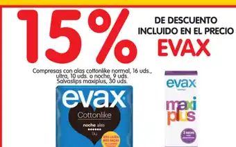 Alimerka Evax Compreses con alas cottonlike normal, 16 uds ultra, 10 uds o noche 9 uds. Salvaslips maxiplus, 30 uds oferta