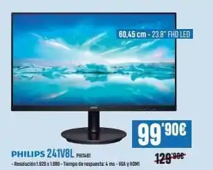 Beep 60,45 cm-23.8" fhd led philips 241v8l phi -resolución 1.920 x 1080 - tiempo de respuesta: 4 ms - vga y home 99.90€ 129.90 oferta