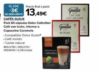 Costco Cafés guilis pack 64 cápsulas dolce collection café con leche, intenso o capuccino caramelo oferta