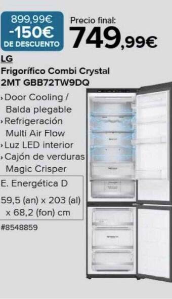 Costco Lg frigorífico combi crystal 2mt gbb72tw9dq oferta