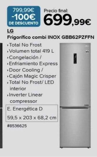Costco Lg frigorifico combi inox gbb62pzffn oferta