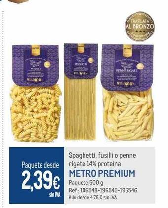 Makro Spaghetti, fusilli o penne rigate 14% proteina metro premium oferta