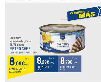 Makro Sardinillas en aceite de girasol 65 75 piezas metro chef oferta