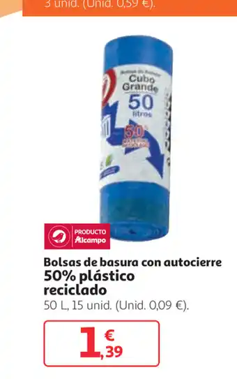 Alcampo Bolsas de basura con autocierre 50% plástico reciclado 50 L. 15 unid. oferta