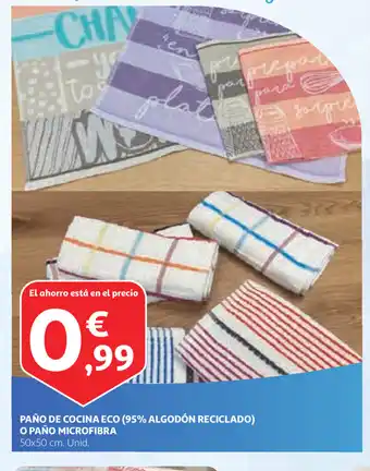 Alcampo Paño de Cocina Eco (95% Algodón Reciclado) o Paño Microfibra 50x50 cm Unid. oferta