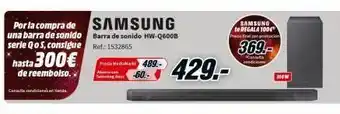 MediaMarkt Hasta 300€ de reembolso. por la compra de samsung una barra de sonido serie qos, consigue barra de sonido hw-q6008 ref.: oferta