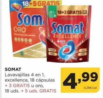Alimerka Somat lavavajilla 4 en 1 excellence, 18 cápsulas + 3 gratis oro 18 + 5 gratis oferta