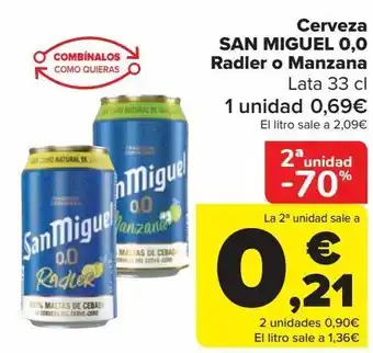 Carrefour Cerveza san miguel 0,0 radler o manzana oferta