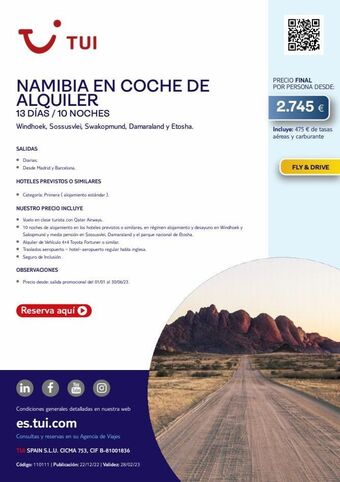 Tui Travel PLC ~ tui namibia en coche de alquiler 13 días / 10 noches windhoek, sossusvlei, swakopmund, damaraland y etosha. salidas • oferta