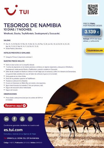 Tui Travel PLC I tui tesoros de namibia 10 días / 7 noches. windhoek, etosha, twyfelfontein, swakopmund y sossusvlei. salidas • ene: 01 oferta