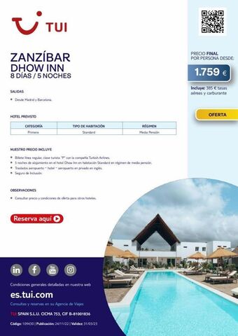 Tui Travel PLC ~ zanzíbar dhow inn 8 días/5 noches salidas • desde madrid y barcelona. hotel previsto tui categoría primera nuestro oferta