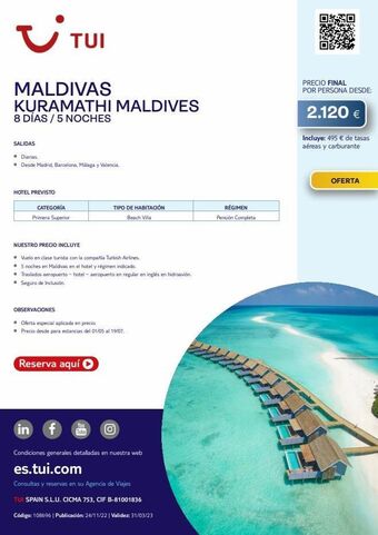 Tui Travel PLC ~ tui maldivas kuramathi maldives 8 días / 5 noches salidas • diarias. • desde madrid, barcelona, málaga y valencia. hot oferta