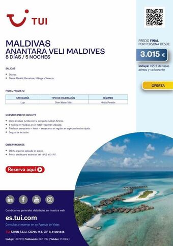 Tui Travel PLC ~ tui maldivas anantara veli maldives 8 días / 5 noches salidas • diarias. • desde madrid, barcelona, málaga y valencia. oferta