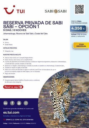 Tui Travel PLC I tui reserva privada de sabi sabi-opción 1 9 días / 6 noches johannesburgo, reserva de sabi sabi y ciudad del cabo sali oferta