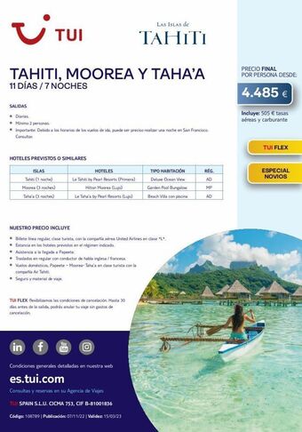Tui Travel PLC ~ tui tahiti, moorea y taha'a 11 días / 7 noches salidas • diarias. • minimo 2 personas. • importante: debido a los hor oferta