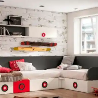 Muebles La Factoría Dormitorio juvenil moderno acabado en grafic blanco, pizarra y rojo. oferta