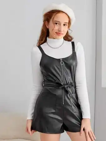 Shein Shein chicas adolescentes mono overol con cremallera con cinturón cuero pu sin camiseta oferta