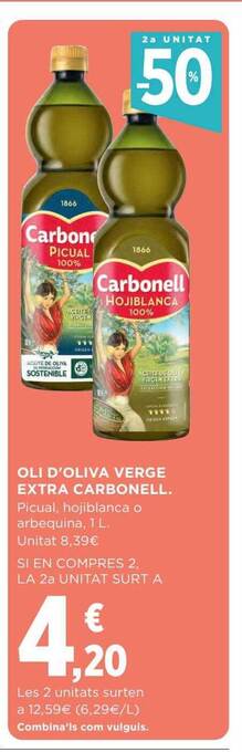 Hipercor 2a unitat -50% oli d'oliva verge extra carbonell oferta