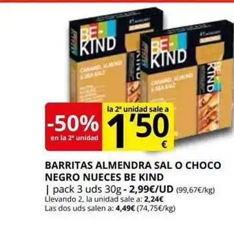 Supermercados MAS -50% en la 2a unidad barritas almendra sal o choco negro nueces be kind oferta