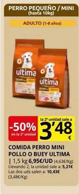 Supermercados MAS -50% en la 2a unidad comida perro mini pollo o buey ultima oferta