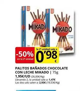 Supermercados MAS -50% en la 2a unidad palitos bañados chocolate con leche mikado oferta