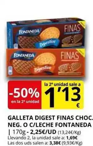 Supermercados MAS -50% en la 2a unidad galleta digest finas choc. neg. o c leche fontaneda oferta