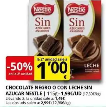 Supermercados MAS -50% en la 2a unidad chocolate negro o con leche sin azucar nestlé oferta