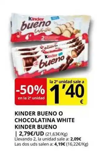 Supermercados MAS -50% en la 2a unidad kinder bueno o chocolatina white kinder bueno oferta