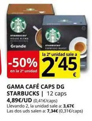 Supermercados MAS -50% en la 2a unidad gama café caps dg starbucks oferta