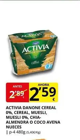 Supermercados MAS Activia danone ceral 0%, cereal, muesli, muesli 0%, chia-almendra o coco avena nueces oferta