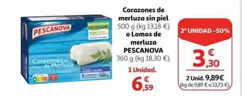 Alcampo 2a unidad -50% corazones de merluza sin piel o lomos de merluza pescanova oferta