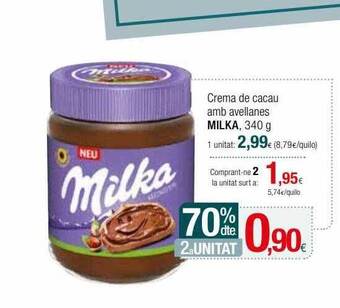Condis 70% dte. 2a unitat crema de cacau amb avellanes milka oferta