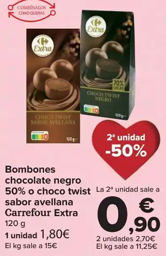 Carrefour Bombones chocolate negro 50% o choco twist sabor avellana carrefour extra oferta