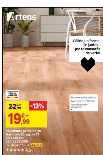 Leroy Merlin Artens fabricado en españa ,99 €/m² ,99 -13% pavimento porcelánico harmony zaragoza c1 20 x 120 cm ref. 83288268. pvp/c oferta