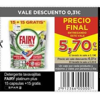 SPAR Detergente lavavajillas fairy platinum plus 15 capsulas +15 gratis oferta