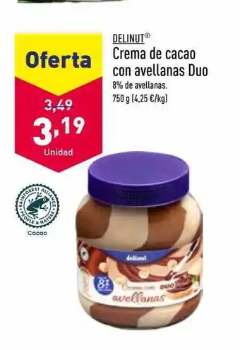 ALDI Delinut crema de cacao con avellanas duo oferta