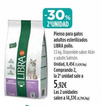 El Corte Inglés -30% 2a unidad pienso para gatos adultos esterilizados libra pollo* oferta