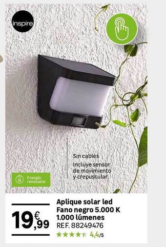 Leroy Merlin Aplique solar led fano negro 5.000 k 1.000 lúmenes oferta